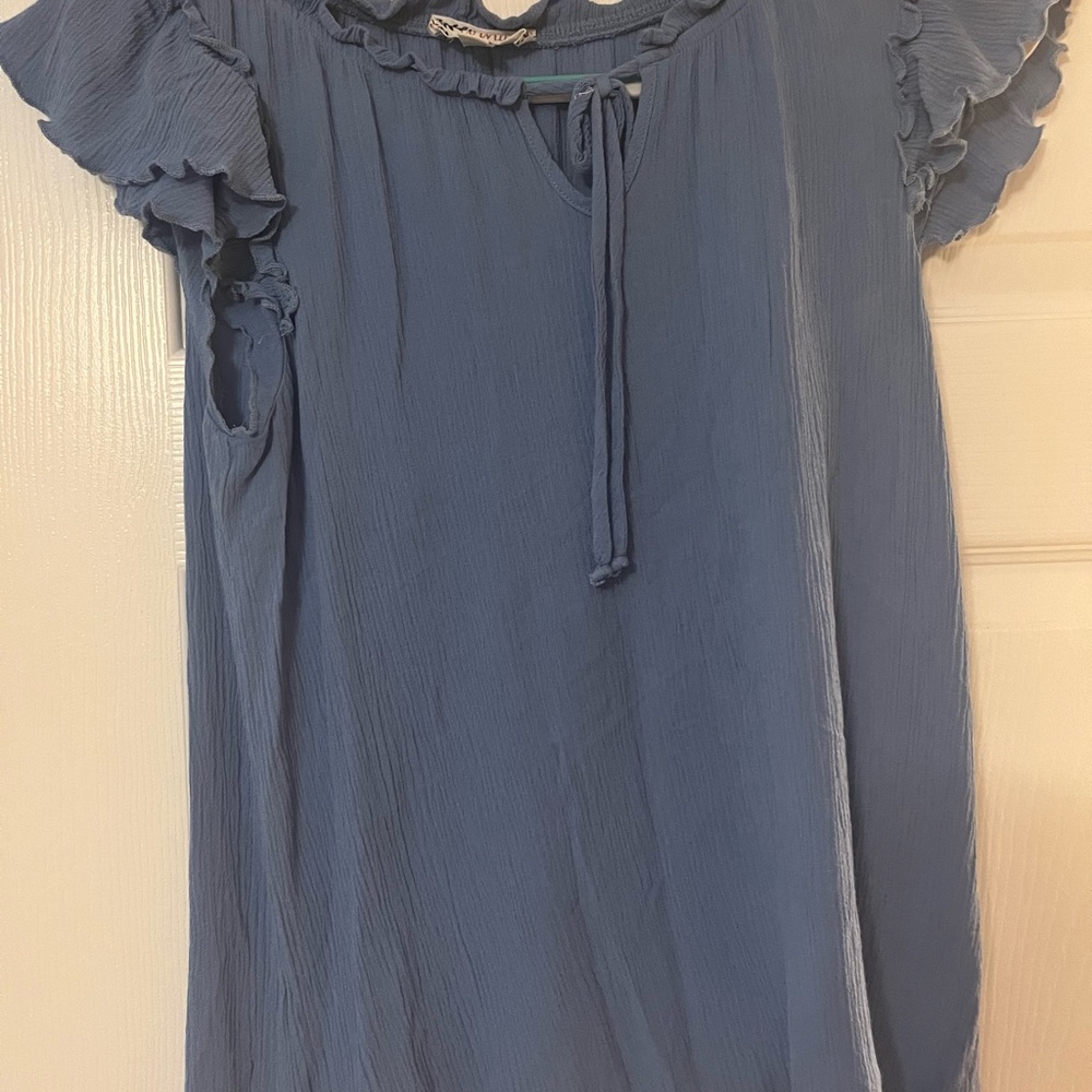 Blue Blouse with Ruffled Sleeves and Tie Front Neckline